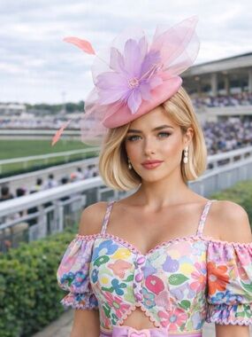 Kentucky Derby Hat KY Oaks Fascinator Pink Organza and Floral Lavender Headband